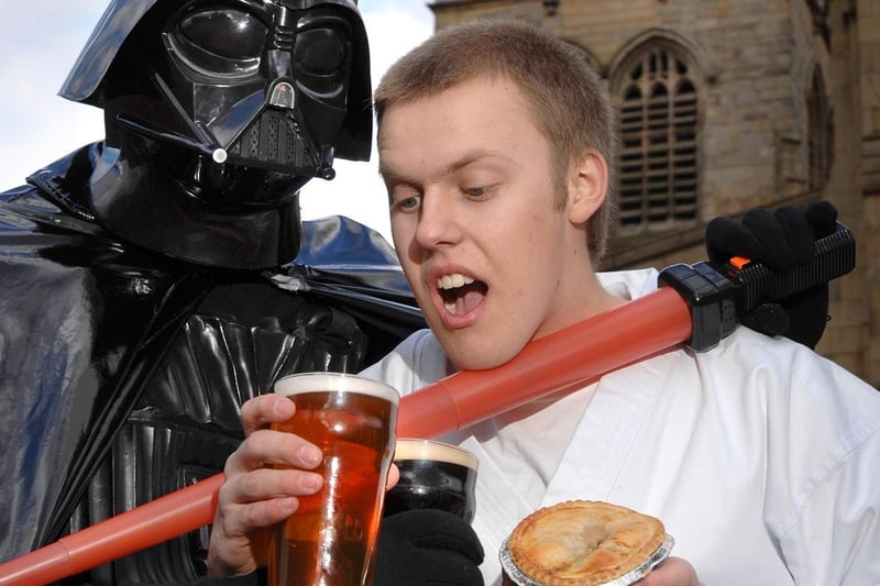 2009 - Luke Piewalker (Dan Powell) right, and Darth Pie Eater, Ian Prior, tangle at this year's launch of the Wigan Beer Festival which has the theme 'Pie Wars'.