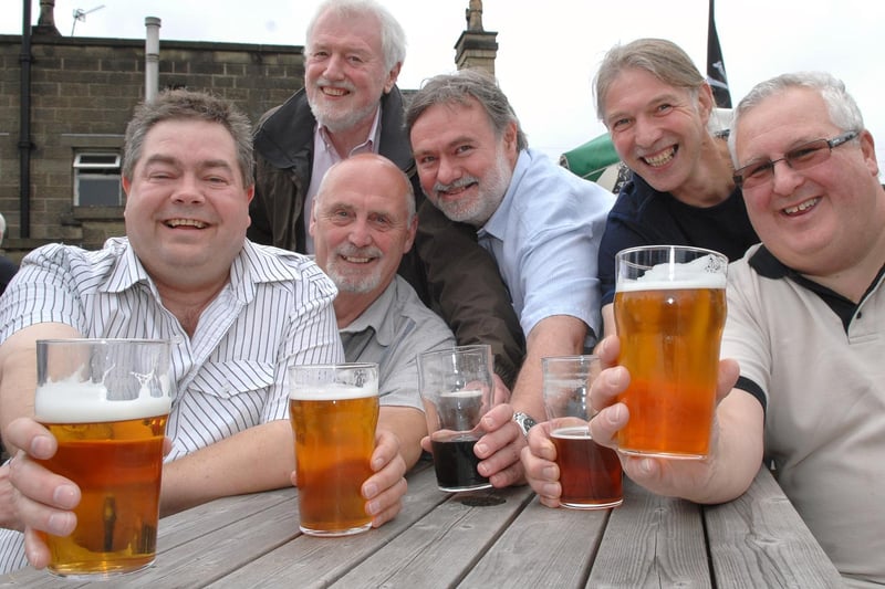 Wigan CAMRA founder members celebrate the branch's 25th anniversary in 2010, chairman Ken Worthington, left, Graham Mills, first chairman Pete Marsh, first secretary Dave White, Ken Linkman and Brian Gleave.