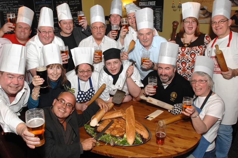 Wigan CAMRA members at the dual launch of the annual Wigan Beer Festival and the Wigan Food and Drink Festival at The Crown at Worthington in 2010.