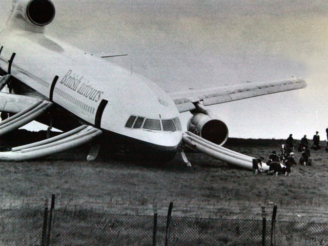 A plane packed with holidaymakers overshot the runway whilst landing at Leeds and Bradford Airport in May 1985.