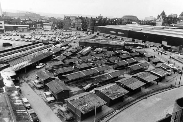 The open market pictured in Febraury 1985 and the rebuilt covered Kirkgate Market that was put up after fire destroyed most of the previous building.