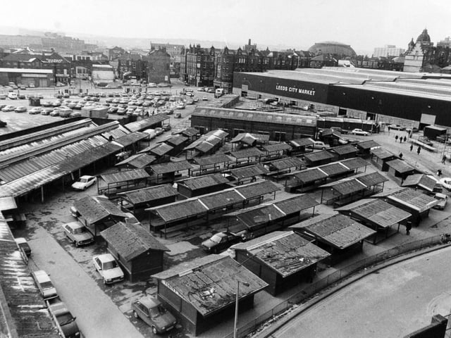 The open market pictured in February 1985 and the rebuilt covered Kirkgate Market that was put up after fire destroyed most of the previous building.