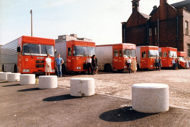 Leeds City Libraries' contingent if Mobile Libraries, parked in the yard outside the old Library Headquarters on York Road at Richmond Hill