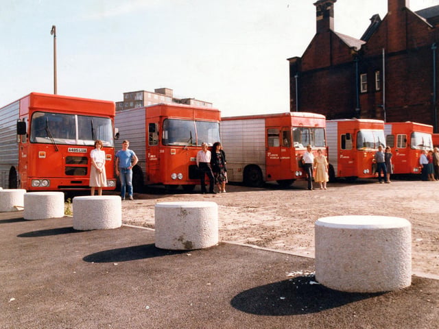 Leeds City Libraries' contingent if Mobile Libraries, parked in the yard outside the old Library Headquarters on York Road at Richmond Hill