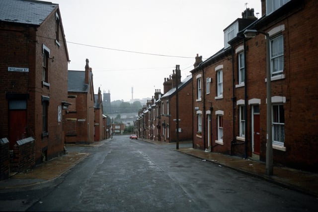 Christopher Road towards Woodhouse Street in August 1985. Streets leading off include Back Glossop Street, Glossop Street and Beulah View on the left and Cross Quarry Street on the right.