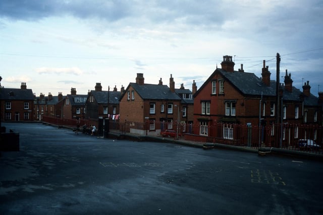 A view from the playground of Quarry Mount Primary School in August 1985 looking towards Cross Quarry Street. Streets of terraced housing leading off are (from right) Bolland Street, Thomas Street, Quarry Place, Quarry Street and Christopher Road.