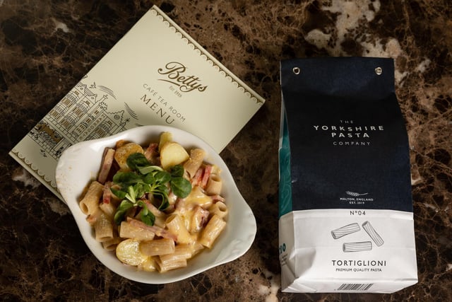 ‘Swiss Alpine Pasta’ dish uses The Yorkshire Pasta Company Tortiglioni pasta, dry-cured bacon, and new potatoes in a rich cream sauce, with melted raclette cheese.