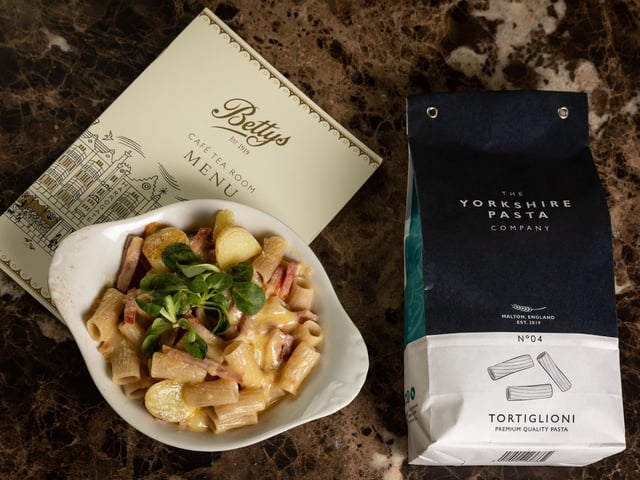‘Swiss Alpine Pasta’ dish uses The Yorkshire Pasta Company Tortiglioni pasta, dry-cured bacon, and new potatoes in a rich cream sauce, with melted raclette cheese.