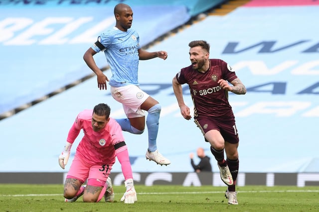 Leeds had some outstanding results in their first season back in the Premier League and the 2-1 win at Manchester City via a Stuart Dallas race, despite being down to ten men, was the best of them. Photo by MICHAEL REGAN/AFP via Getty Images.