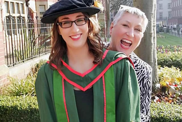 Karen with her daughter Vanessa at her graduation ceremony at the University of Leeds