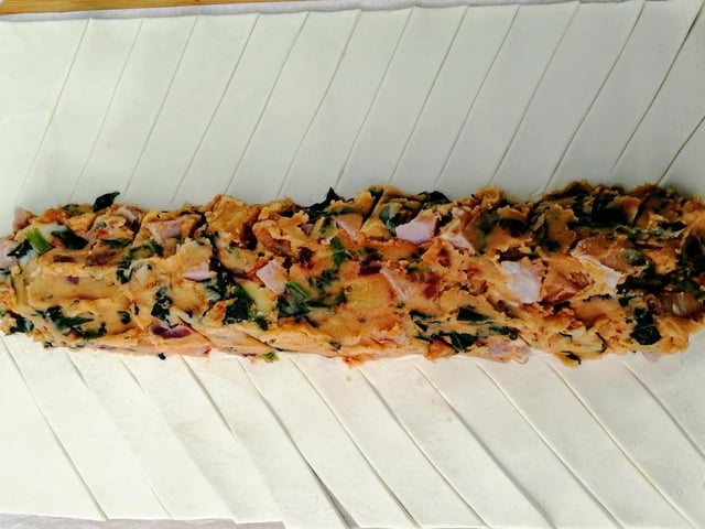 Mix it all together and lay it down the middle of a puff pastry sheet.