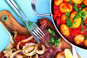 Karen's steak Espagnole with patatas bravas