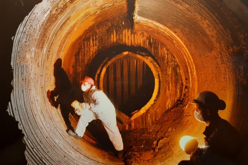 Fitters Ron Jones and Darren Fare (left) inside one of the three giant boilers at the ICI power station in 1992