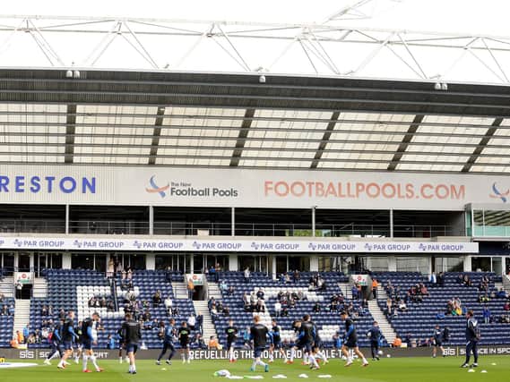 Preston North End's players warm-up ahead of the 0-0 draw with Derby County at Deepdale