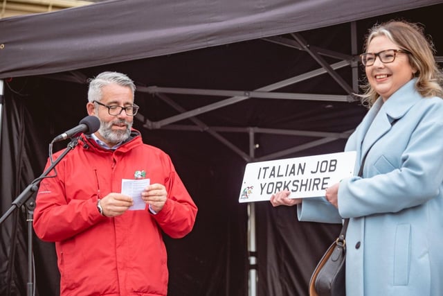 Chief Executive of The Piece Hall Nicky Chance-Thompson welcomed the rally. Photo by Ellis Robinson