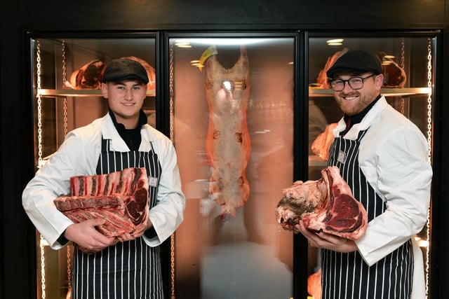 Pictured at the Robertshaw’s butcher’s counter are Harley Robertshaw, left, and Jack Holden.