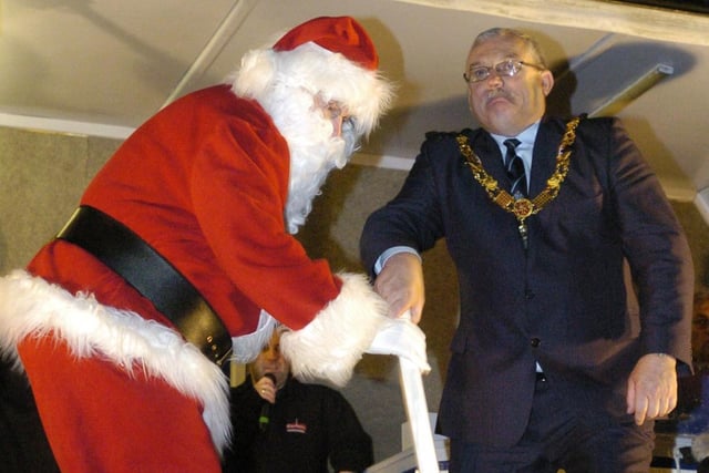Father Christmas and Lancaster Mayor Keith Budden switch on the xmas lights in 2008.