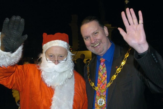 Carnforth Christmas lights switch-on 2009. Father Christmas and Carnforth Town Mayor Coun Paul Gardner.