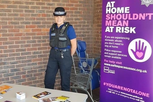 A PCSO in Broadbridge Heath, Horsham, in May 2020 raising awareness around domestic violence during lockdown. Photo: Sussex Police