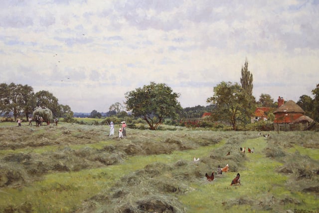 Haymaking in Sussex, a signed oil on canvas by Edward Wilkins Waite, priced at £16,000 with Burlington