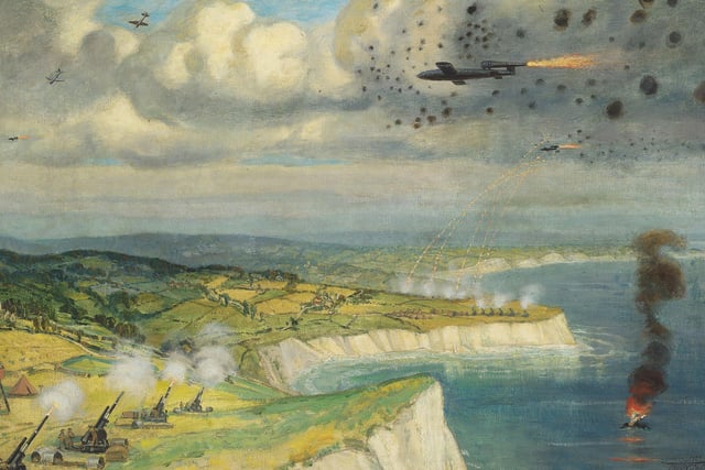 Frank Owen Salisbury’s R.I., R.O.I. (1874-1962) astonishing oil on canvas from 1944, Intercepting Doodlebugs over the south coast, 1944, at £22,500 from Rountree Tryon Galleries.