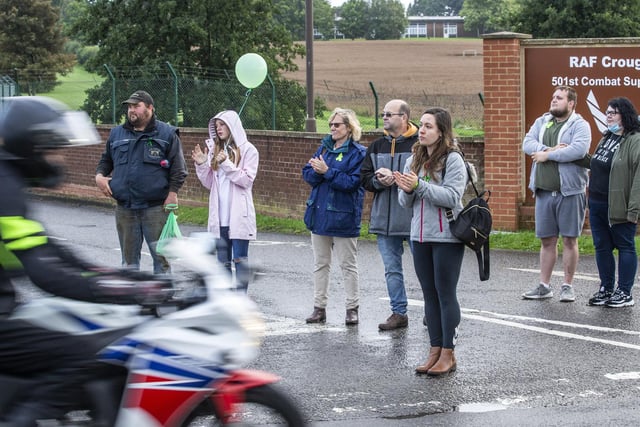 Lots of people came out to welcome of bikers as they passed RAF Croughton in honour of Harry Dunn