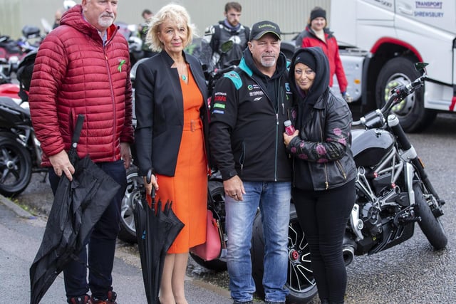 (L-R) Harry Dunn's family's spokesman, Radd Seiger, South Northamptonshire MP Andrea Leadsom, Harry's step-father, Bruce Charles, and mother Charlotte Charles, ahead of the biker procession