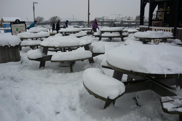 Snow covered the tables outside the Waterside, Shoreham Beach