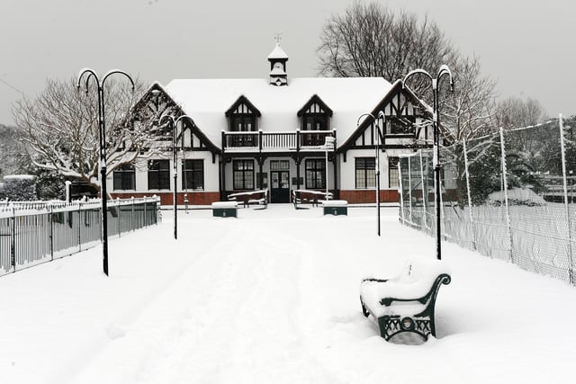 The pavilion at the northern end of Beach House Park, Worthing, surrounded by snow