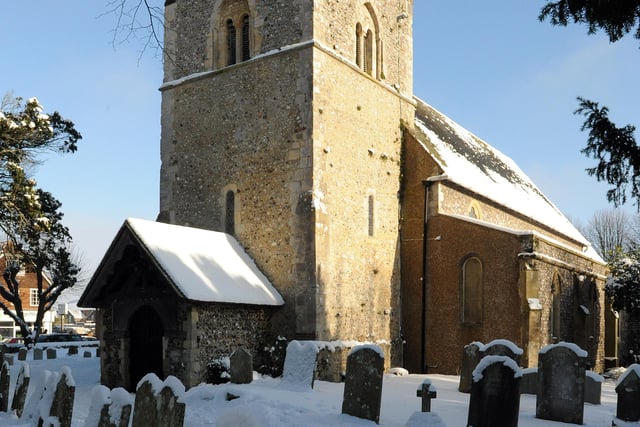 Rustington Parish Church in the snow