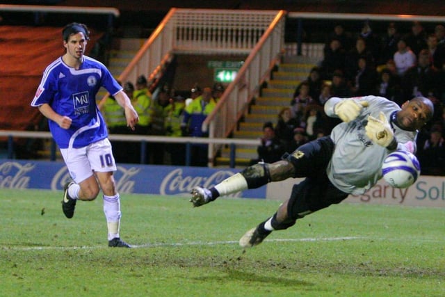 January, 2009: Posh 0, MK Dons. Both teams were challenging for promotion from League One so a clash under the London Road lights was eagerly anticipated. Sadly MK manager Roberto Di Matteo set MK up to waste time from kick off with goalkeeper Willy Gueret (pictured) particularly irritating. Posh had the last laugh though as they were promoted as runners-up behind Leicester City while third placed MK lost in the play-off semi-final to Scunthorpe.