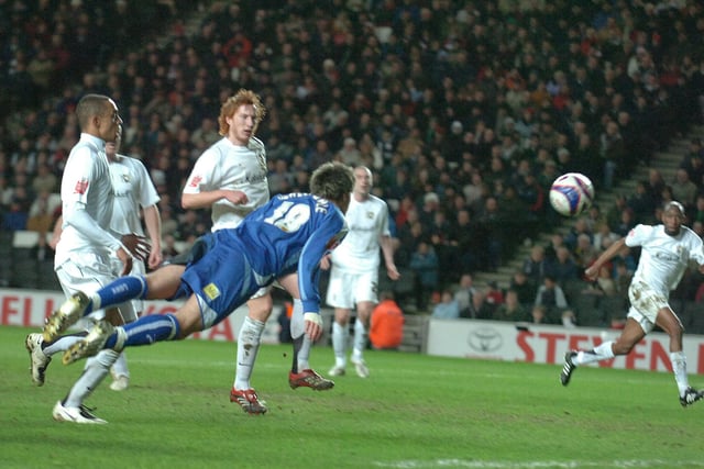 March 2008: MK Dons 1, Posh 1: The battle for the League Two title was still raging when the return game was played at stadium:mk. Aaron Wilbraham fired MK into an early lead, but Chris Whelpdale (pictured) equalised with a terrific 27th minute diving header. MK went on to pip Posh to top spot by five points. Both teams were promoted.