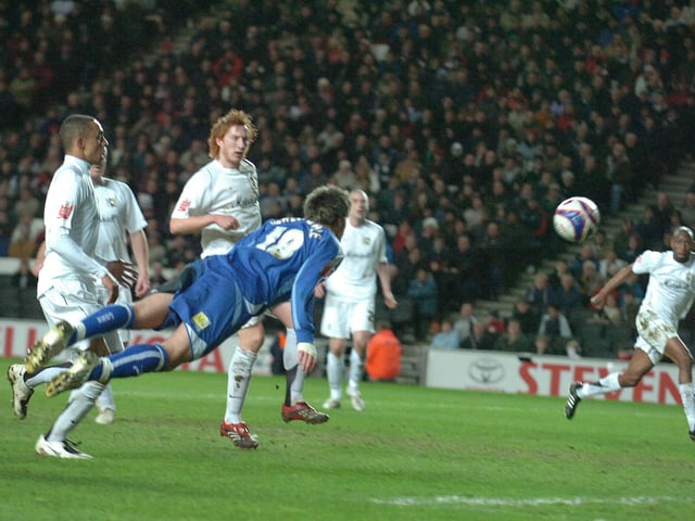 March 2008: MK Dons 1, Posh 1: The battle for the League Two title was still raging when the return game was played at stadium:mk. Aaron Wilbraham fired MK into an early lead, but Chris Whelpdale (pictured) equalised with a terrific 27th minute diving header. MK went on to pip Posh to top spot by five points. Both teams were promoted.