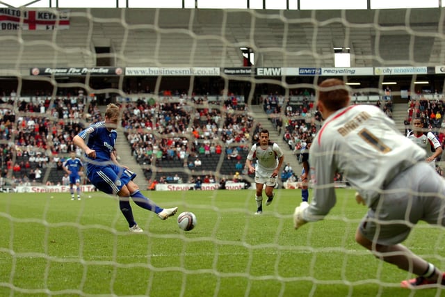 May 2011: MK Dons 3, Posh 2. The first leg of the League One play-off semi-final was a dramatic affair. Craig Mackail-Smith shot Posh in front, but MK Dons scored three times in nine second-half minutes through Daniel Powell, Sam Baldock and Angelo Balenta. Charlie Lee was then sent off for Posh before referee Jonathan Moss gave Darren Ferguson's side a massive lift by awarding a penalty for a foul on Mark Little which took place outside the area and by sending off Stephen Gleeson, a decision that was soon rescinded. A grateful Grant McCann (pictured) slotted home the penalty to keep Posh in touch for the second leg.