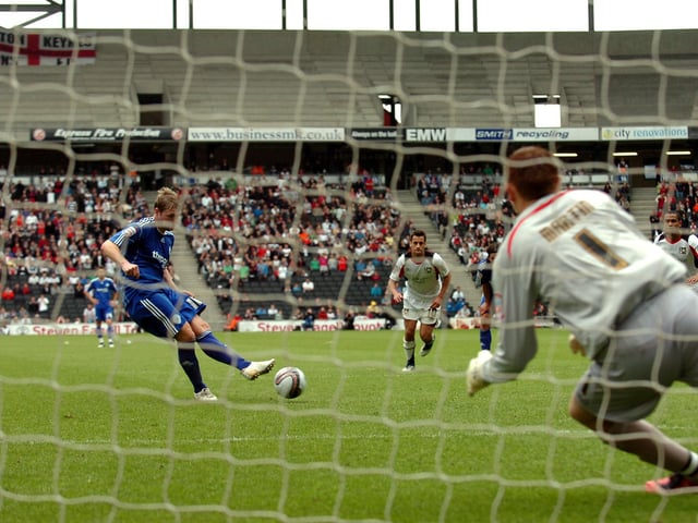 May 2011: MK Dons 3, Posh 2. The first leg of the League One play-off semi-final was a dramatic affair. Craig Mackail-Smith shot Posh in front, but MK Dons scored three times in nine second-half minutes through Daniel Powell, Sam Baldock and Angelo Balenta. Charlie Lee was then sent off for Posh before referee Jonathan Moss gave Darren Ferguson's side a massive lift by awarding a penalty for a foul on Mark Little which took place outside the area and by sending off Stephen Gleeson, a decision that was soon rescinded. A grateful Grant McCann (pictured) slotted home the penalty to keep Posh in touch for the second leg.