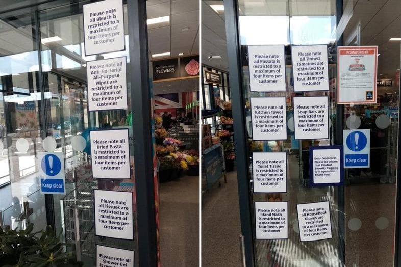 Temporary signs at Aldi on Ash Street, the Mounts, telling customers that certain items are restricted to four per customer.