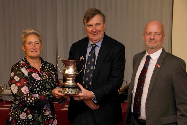 The Duke of Norfolk presents a Littlehampton Golf Club prize to Pam and Glenn Bunting