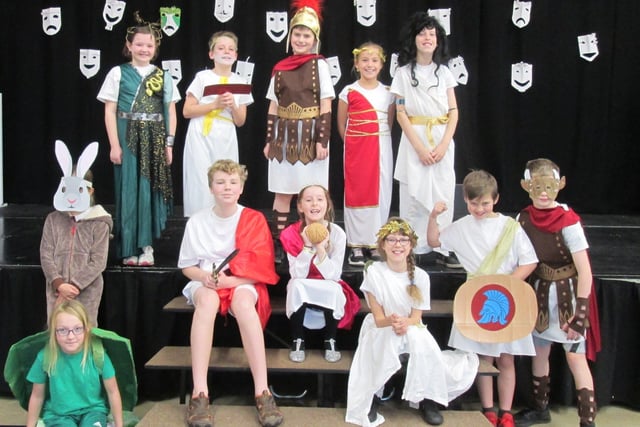 Children in Year 5 at Grovelands Primary School performed their show, It’s All Greek To Me, to parents and staff on Thursday, November 25.  The children dressed in Ancient Greek-style costumes to perform their play, based on a school Greek day.  In a frenzy of dancing, songs, poems and acting, the children transported the audience back in time to the land of Ancient Greece, with all its myths, fables and legends. Pictured here is some of the cast, resplendent in their Greek costumes. SUS-211224-101759001