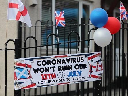 A sign and decorations on Shankill Road, Belfast, for social distanced Twelfth of July celebrations despite advice to remain at home due to the coronavirus outbreak.