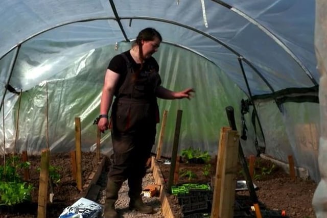 Margaret Little showing off the new poly tunnel