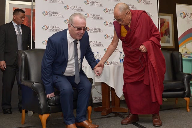 2017: Tibetan spiritual leader the Dalai Lama pictured with Richard Moore at the City Hotel. The Dalai Lama is the patron of the Children in Crossfire charity, founded by Richard Moore. The visit to the city was to marked the organisation’s 20th anniversary. DER3717GS003