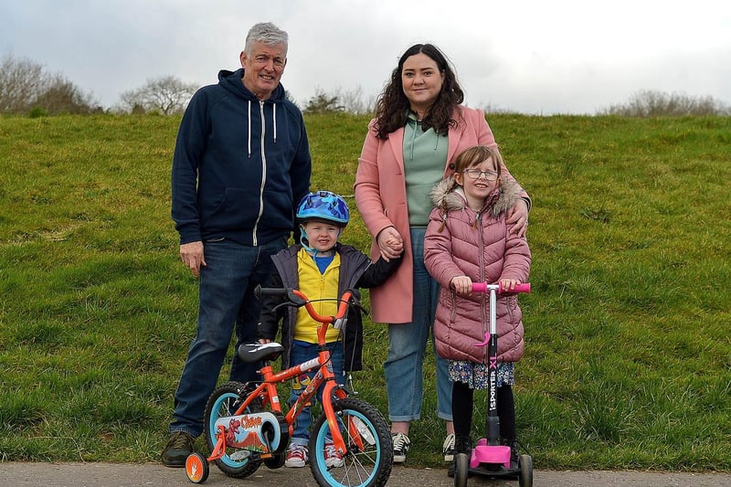 Grandad Sean, Rachael, Aoife and Callum pictured in Bay Road Park recently. DER2112GS – 011