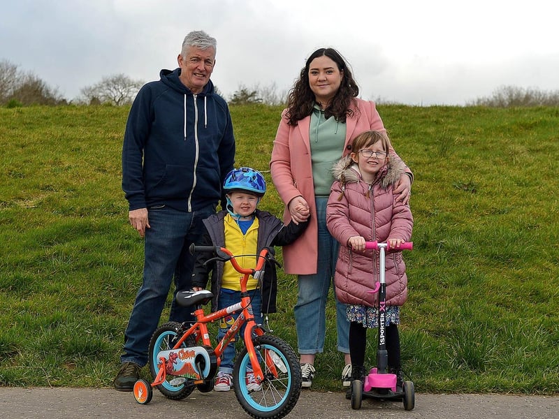 Grandad Sean, Rachael, Aoife and Callum pictured in Bay Road Park recently. DER2112GS – 011