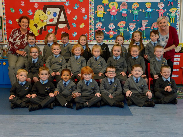 St Anne’s Primary 1 class pictured with Mrs Doherty, teacher (on the left) and Mrs Gallagher teaching assistant.  DER2139GS - 014