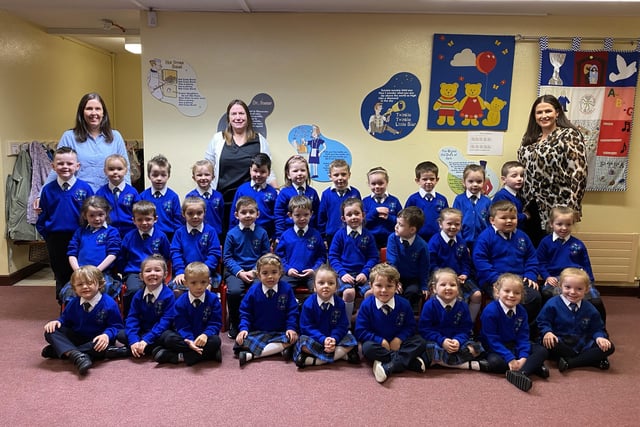 P1B class, St Catherine's PS, Strabane Class teacher's Miss Ciara Hutton and Mrs Claire Hamilton and Classroom Assistant Mrs Pauline Doherty.