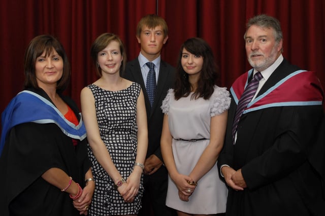 Mrs. Brenda O'Somachain, Head of Music, and Mr. Jim Goodman, Senior Teacher, pictured with recipients of J S Speer Music Bursaries, from left, Rachel Longwell, Matthew Kilgore and Olivia Goodman, at the annual prize distribution held by Foyle College in The Guildhall. LS37-116KM10