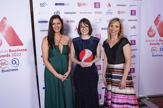 Una O’Duil, owner of Home Instead Banbridge Newry and Mourne, was presented with the award for Best in Professional Services for a small business at the 2022 Women in Business Awards, held at Belfast’s Crowne Plaza hotel. Pictured are Erin Butler (Honeycomb), Una O'Duil (Home Instead) and Lorraine Acheson, managing director of Women in Business