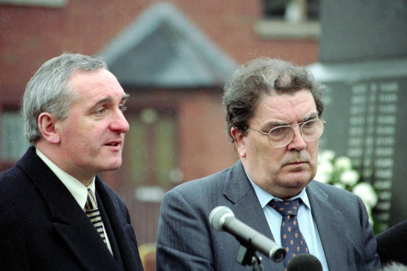 Bertie Ahern and John Hume at Bloody Sunday memorial, Rossville Street, Derry.