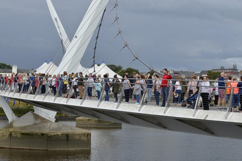 The Peace Bridge in Londonderry was officially opened in June 2011. It offers stunning views of city from both sides of the River Foyle.