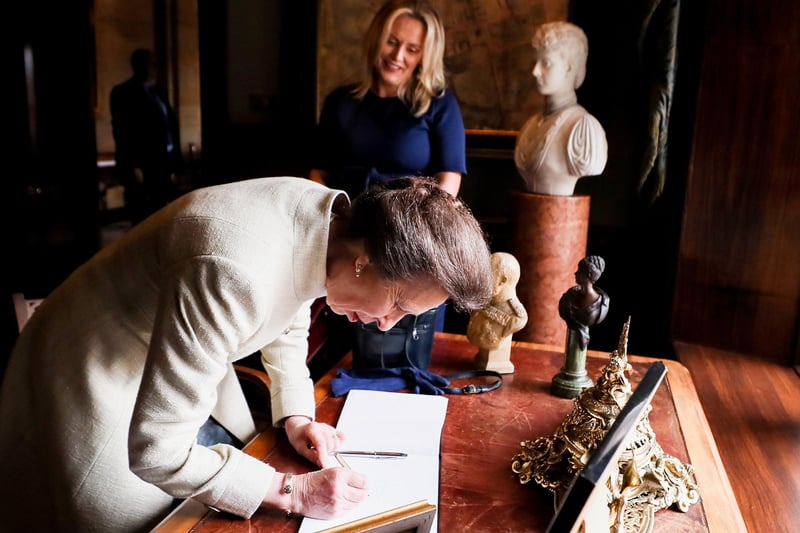 The Princess Royal signing the visitor's book at Hillsborough Castle. Photo by  Jonathan Porter  / Press Eye